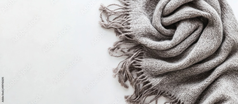Poster soft gray woolen blanket with fringed edges on a light background with copy space for text placement