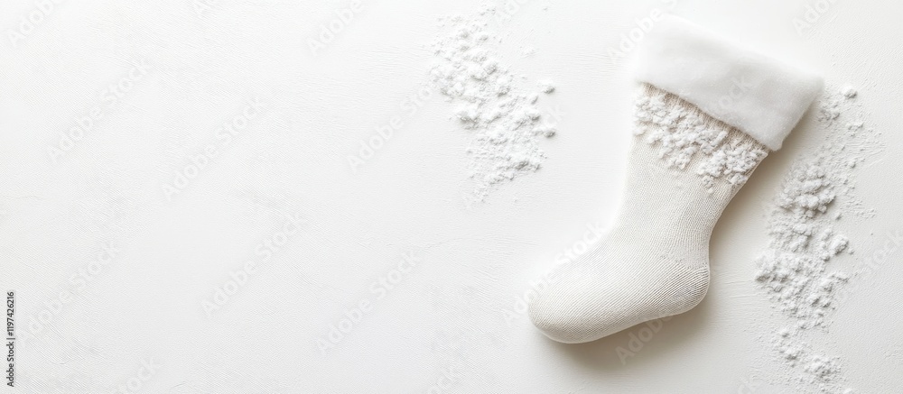 Poster white decorative christmas stocking on a light background with powdered sugar or flour and copy spac