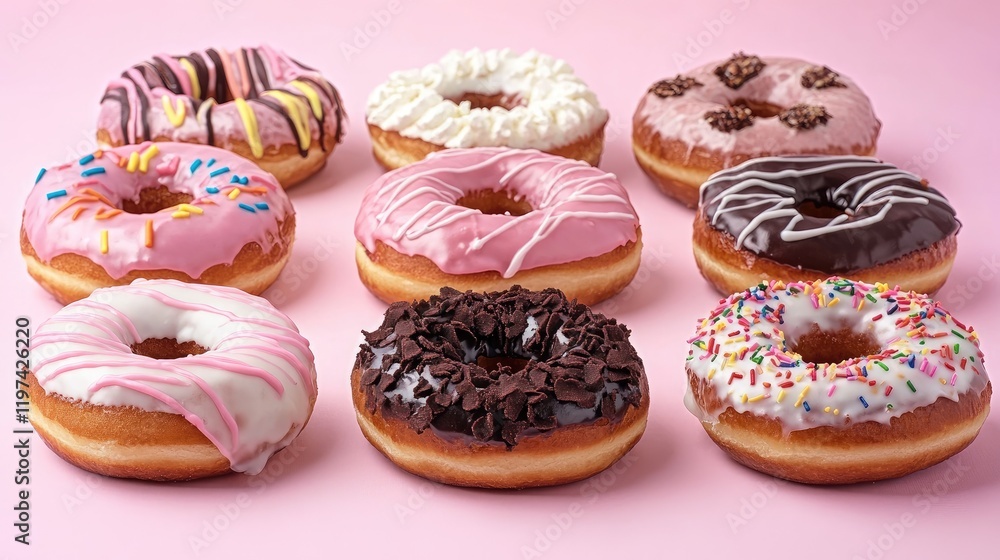 Poster assorted colorful donuts with icing on a soft pink background showcasing a variety of toppings inclu