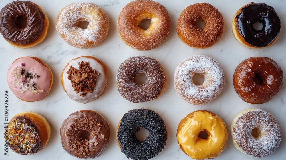 Poster colorful assortment of assorted donuts with icing and sprinkles arranged in a grid pattern on a ligh
