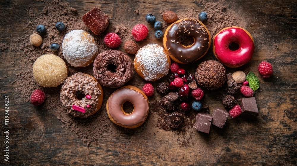 Aufkleber assorted colorful doughnuts with berries and chocolate on rustic wooden surface, captivating treats 