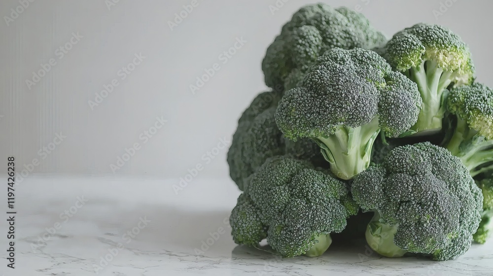 Poster Isolated on white background a stack of broccoli heads arranged in a pyramid formation emphasizing freshness Stock Photo with side copy space