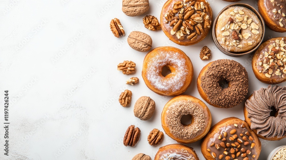 Poster assorted delectable donuts topped with nuts and frosting displayed on a clean white marble backgroun