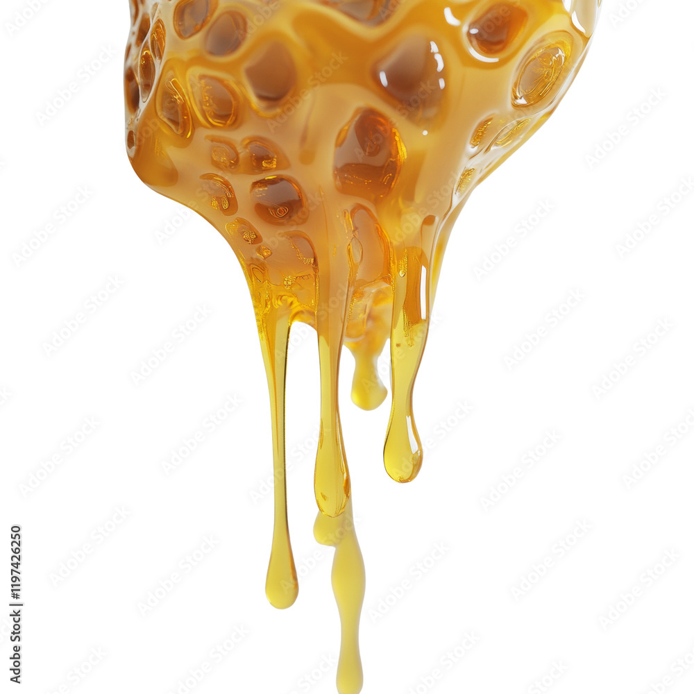 Poster A close-up image showcases golden honey dripping from a honeycomb, highlighting its texture and viscous flow.
