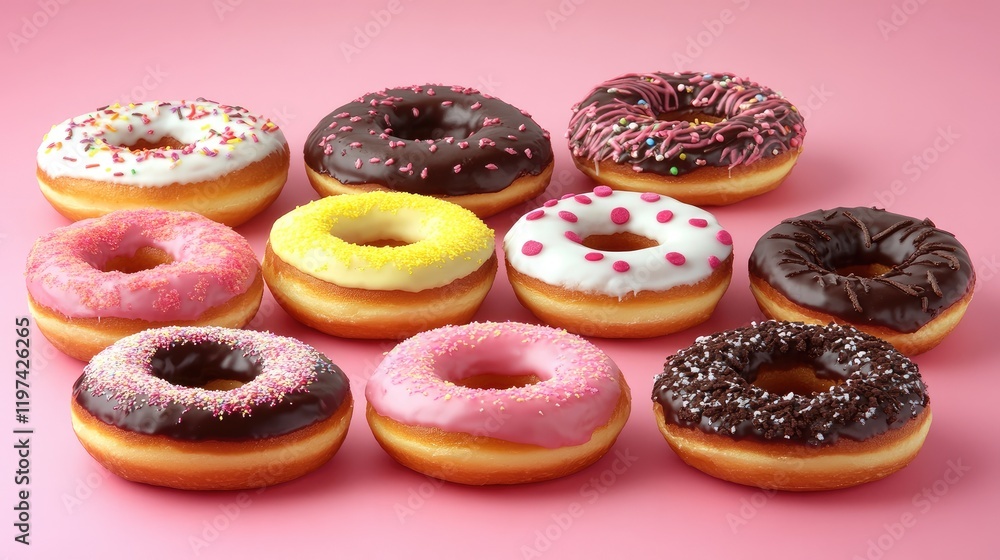 Poster assorted gourmet doughnuts with vibrant icing colors arranged on a soft pink background showcasing v
