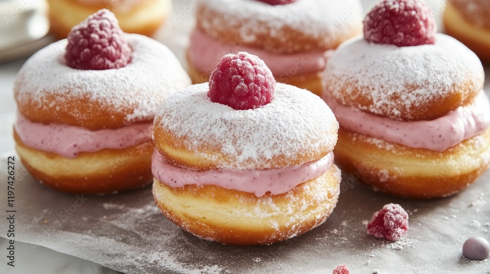 Aufkleber assorted raspberry cream filled doughnuts with dusting of powdered sugar and fresh raspberries on ma