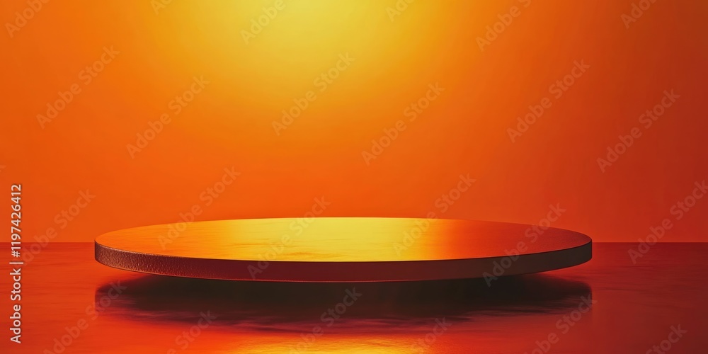 Poster orange gradient background with a circular platform and reflective surface, ideal for product displa