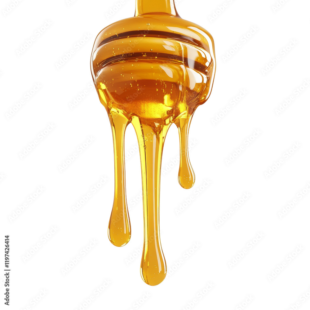 Poster a close up image showing honey dripping from a wooden honey dipper against a black background.