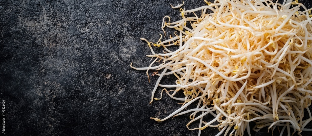 Poster fresh bean sprouts on dark textured background with copy space for text. herbs and vegetables arrang