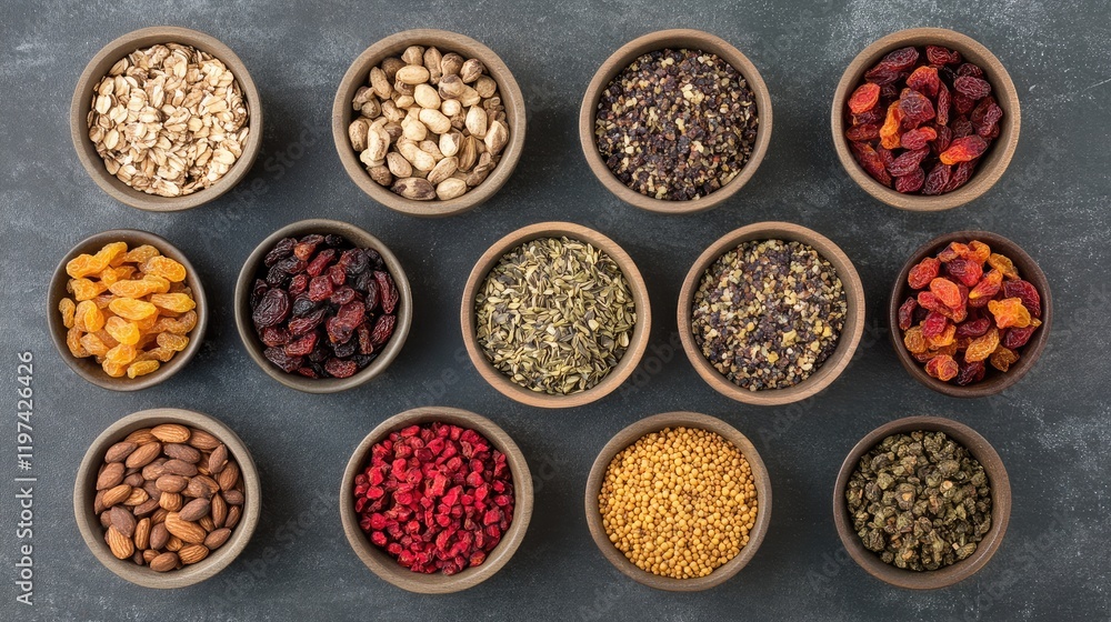 Aufkleber colorful assorted dried fruits and nuts displayed in rustic bowls on dark slate background with vari