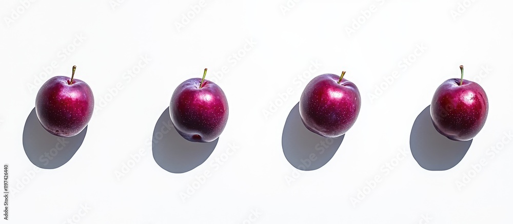 Poster red apples arranged in a row with shadows on a white background showcasing copy space for text place