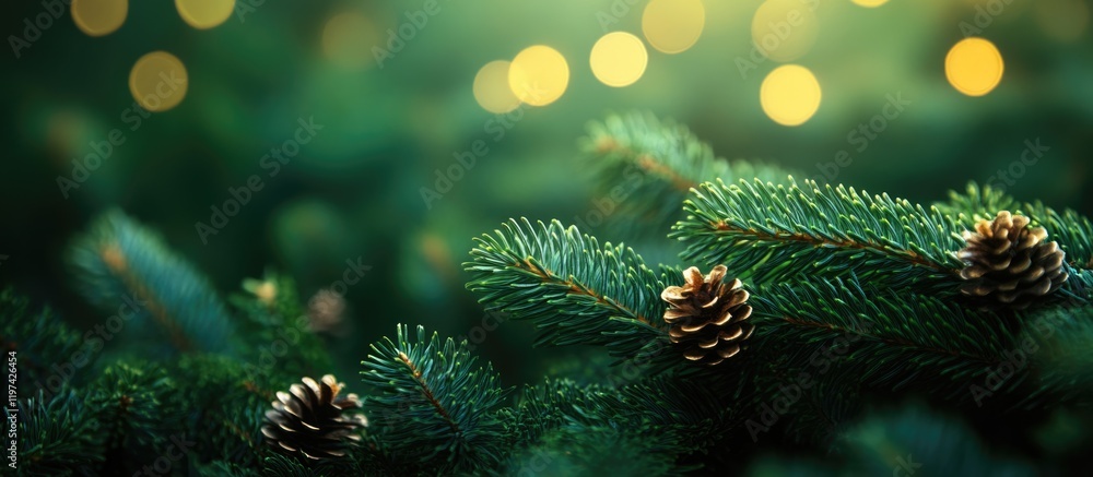 Poster close-up of pine tree branches with cones and blurred glowing lights in the background copy space