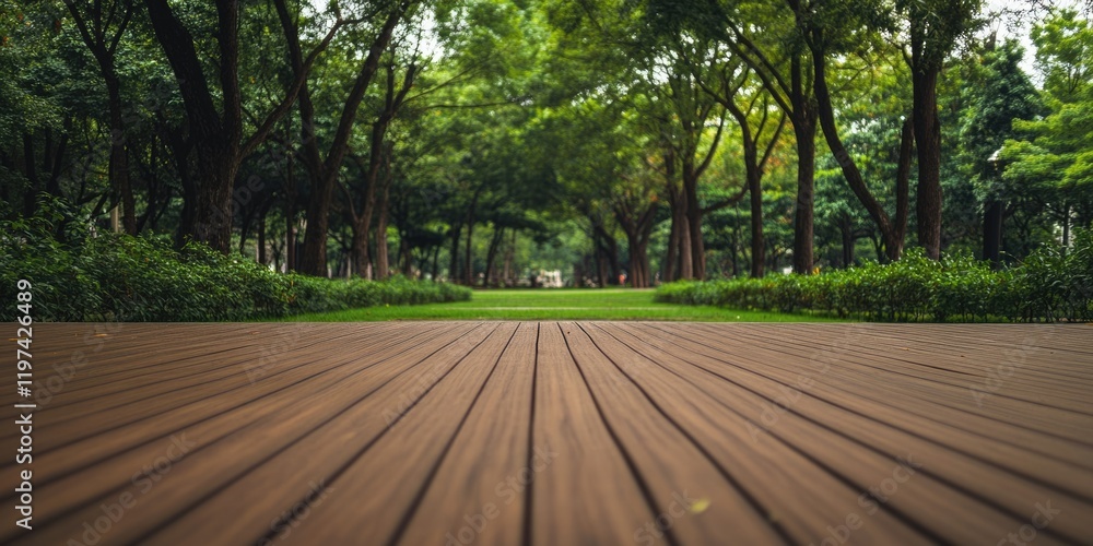 Poster wooden walkway leading through a lush green park with trees on either side and ample copy space for 