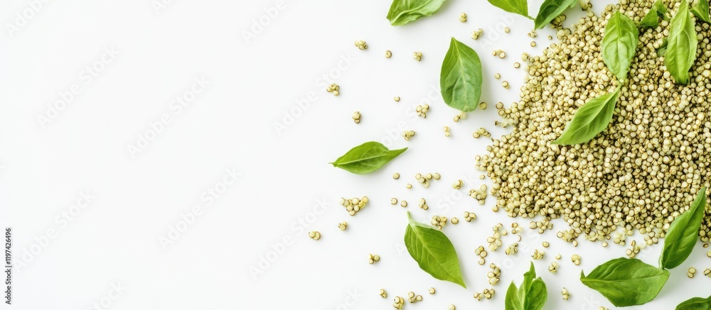 Aufkleber quinoa grains with fresh basil leaves on white background with ample copy space for text placement