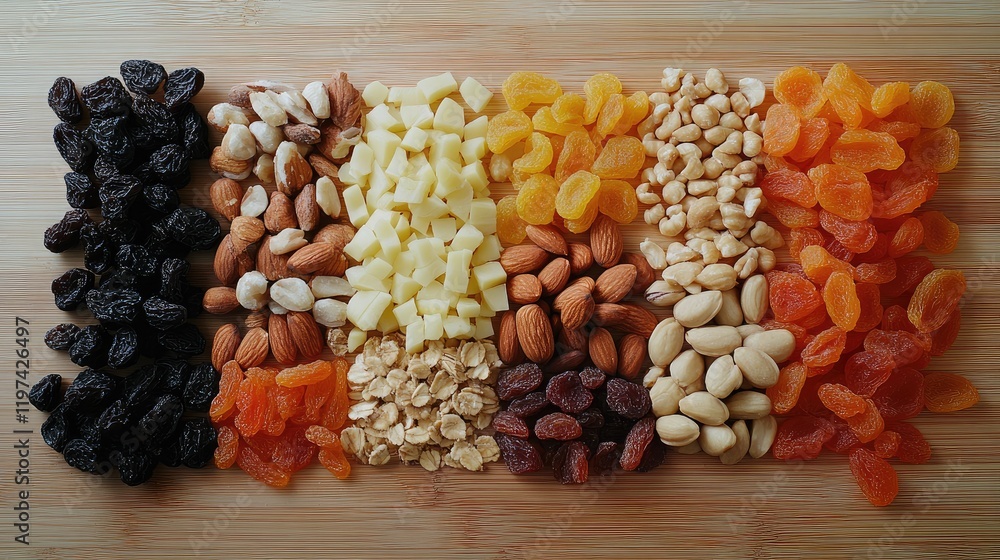 Poster assorted colorful dried fruits and nuts arranged on a light wooden surface showcasing a variety of t
