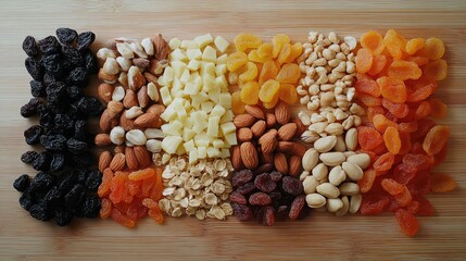 Assorted colorful dried fruits and nuts arranged on a light wooden surface showcasing a variety of textures and shapes in a harmonious layout