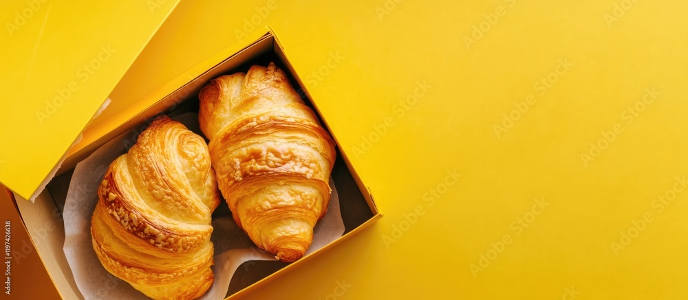 Poster freshly baked croissants in a takeout box on a bright yellow background with ample copy space for te