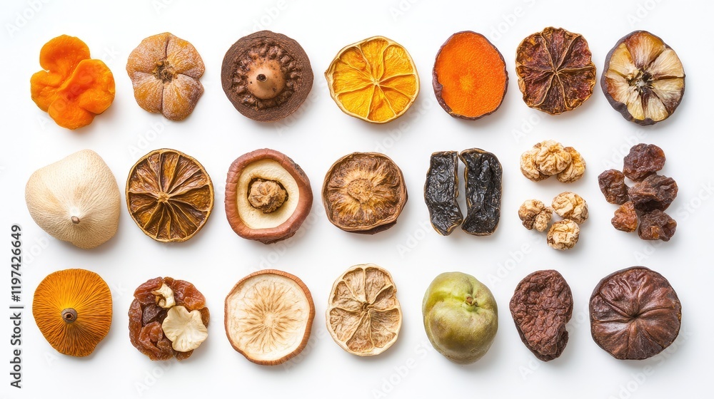 Poster colorful collection of assorted dried fruits on light background featuring varied textures and shape