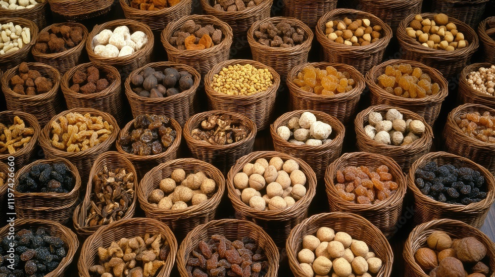 Poster assorted dried fruits in natural wicker baskets arranged in an organized display with earthy tones a
