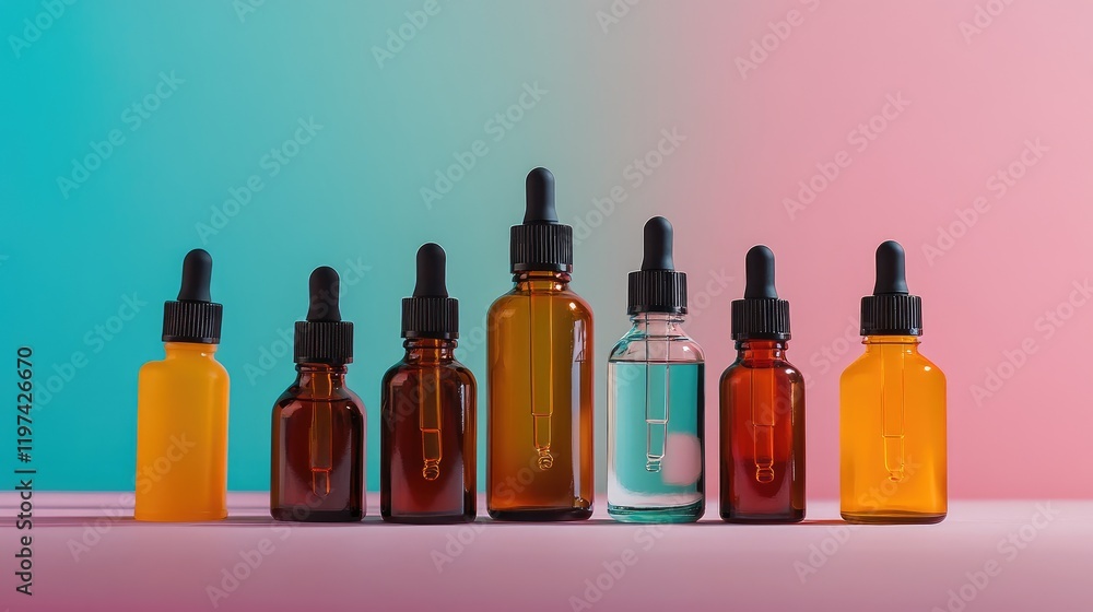 Poster Assorted amber and clear dropper bottles with pipettes arranged in water against a colorful blue and pink gradient background