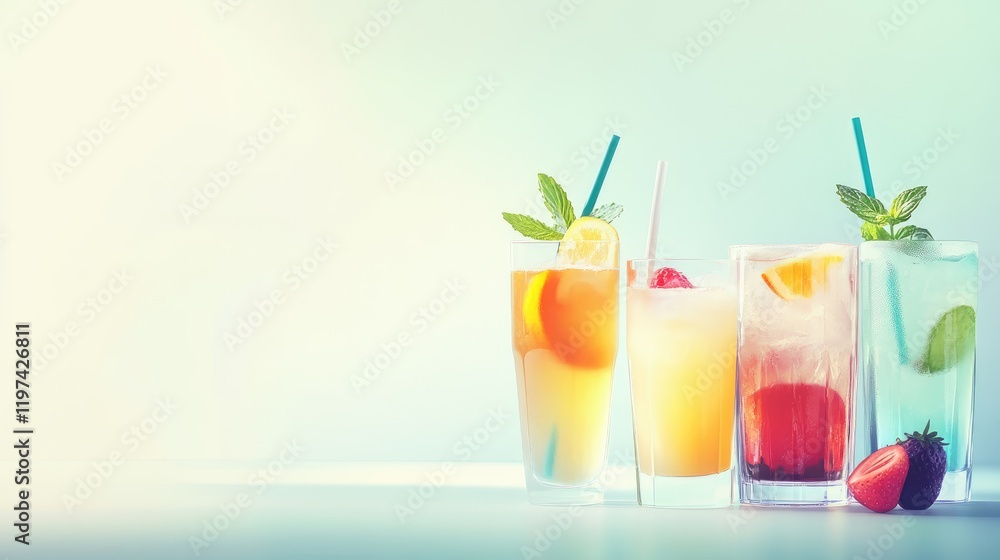 Poster Assorted refreshing drinks in clear glasses with colorful beverages garnished with mint and fruit on a soft pastel background with gentle shadows vertical format