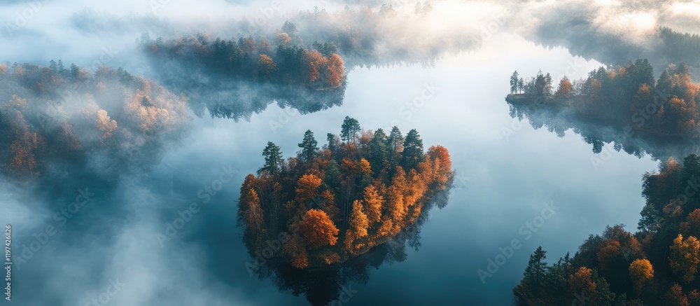 Poster aerial capture of colorful autumn-hued islands emerging from fog over serene lake landscape with ref