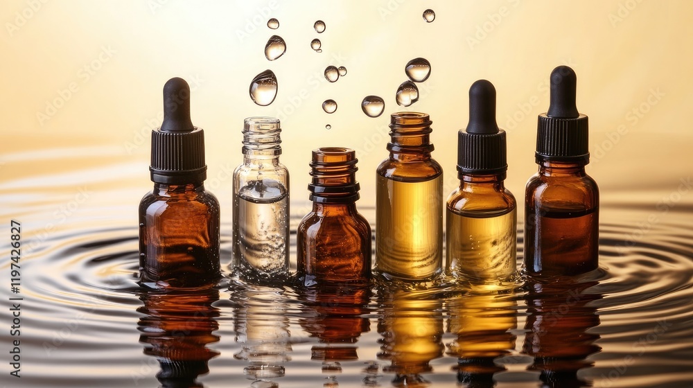 Poster assorted amber and clear dropper bottles with pipettes in serene water ripples and soft golden backg