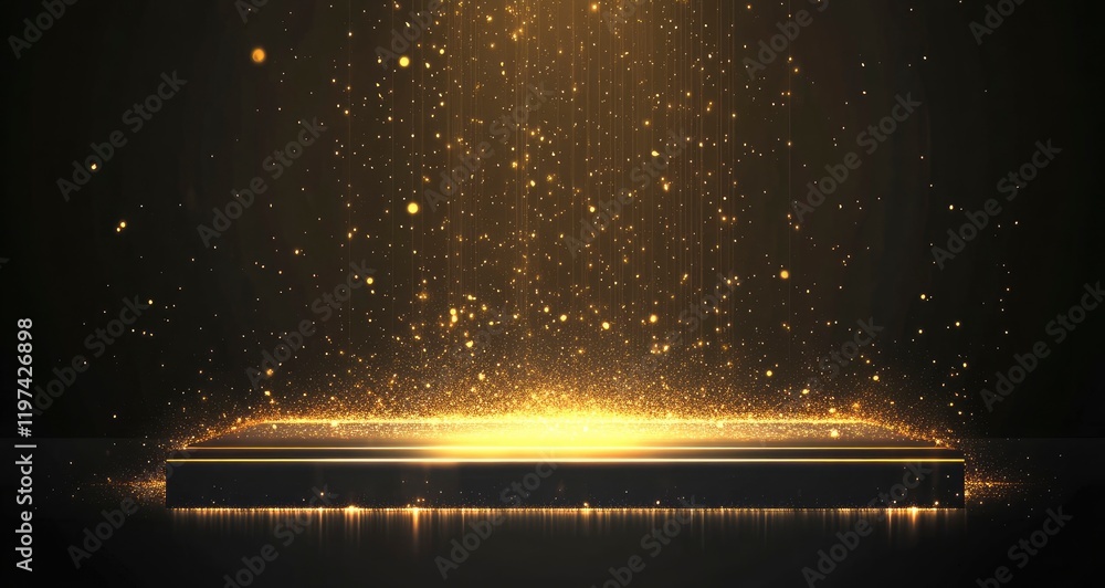 Poster abstract empty stage with golden light and podium for product presentation on a black background, ve