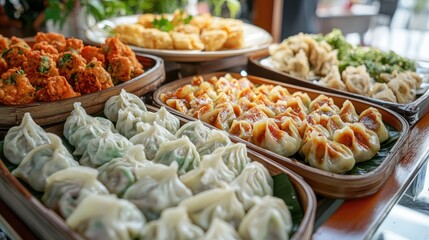 Fototapeta premium Assorted Steamed and Fried Dumplings Variety with Hibiscus on Buffet Table in Vibrant Ethnic Restaurant Setting Surrounded by Lush Greenery