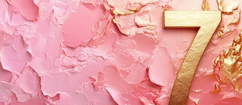Elegant textured background with gold number seven on soft pink and peach hues with abstract patterns and gradients Copy Space