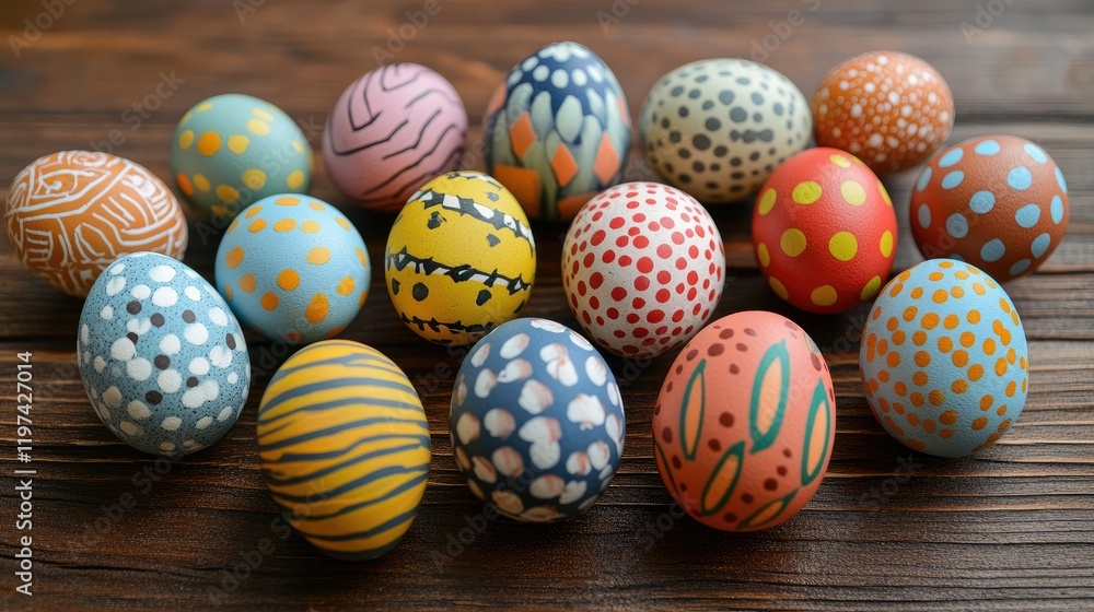 Poster colorful assorted easter eggs with intricate designs on rustic wooden background creating a festive 
