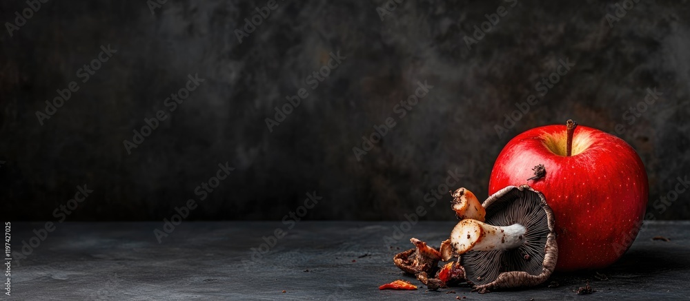 Poster decayed apple with bite mark on dark textured background showcasing copy space for text insertion
