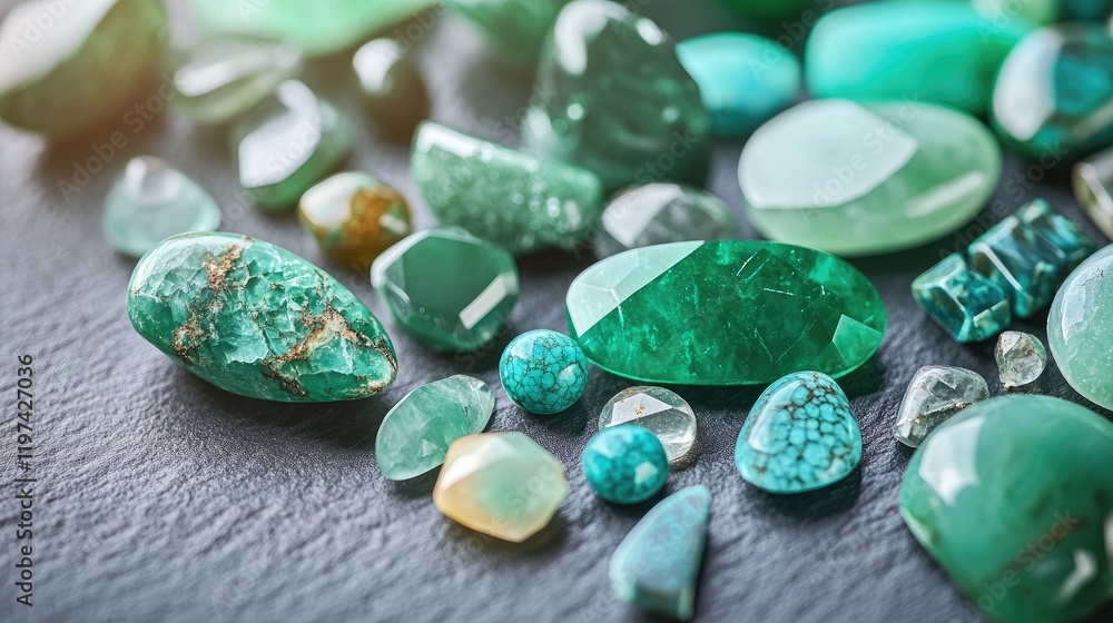 Poster assorted emerald, turquoise, and jade gemstones in various shapes and sizes arranged on a smooth dar