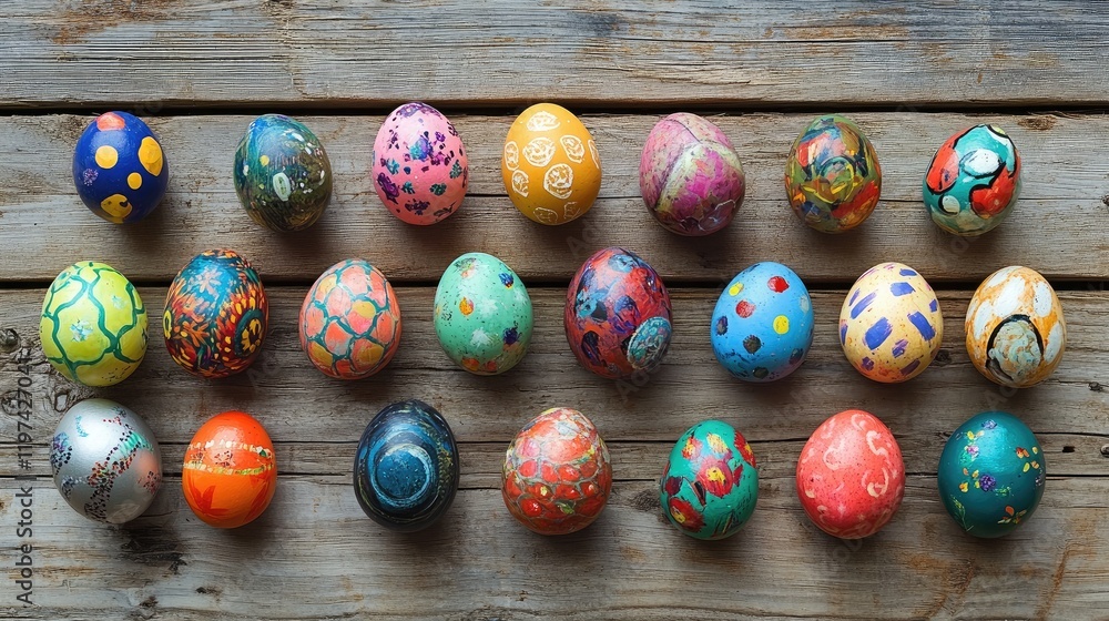 Poster colorful assorted easter eggs displayed in a row on rustic wooden background with intricate designs 