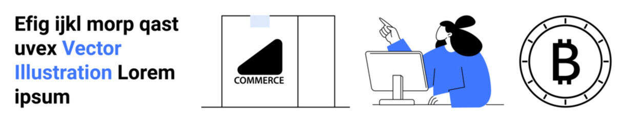 Computer, person pointing, Bitcoin symbol, graph, commerce text. Ideal for business, e-commerce, finance, technology, cryptocurrency, online transactions, modern solutions. Landing page