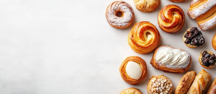 Variety of fresh pastries and baked goods arranged on a white background with ample copy space for text placement