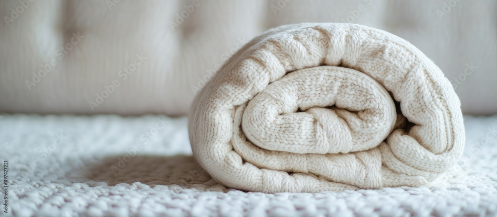 Poster rolled white blanket placed on a textured white textile surface with soft background and ample copy 