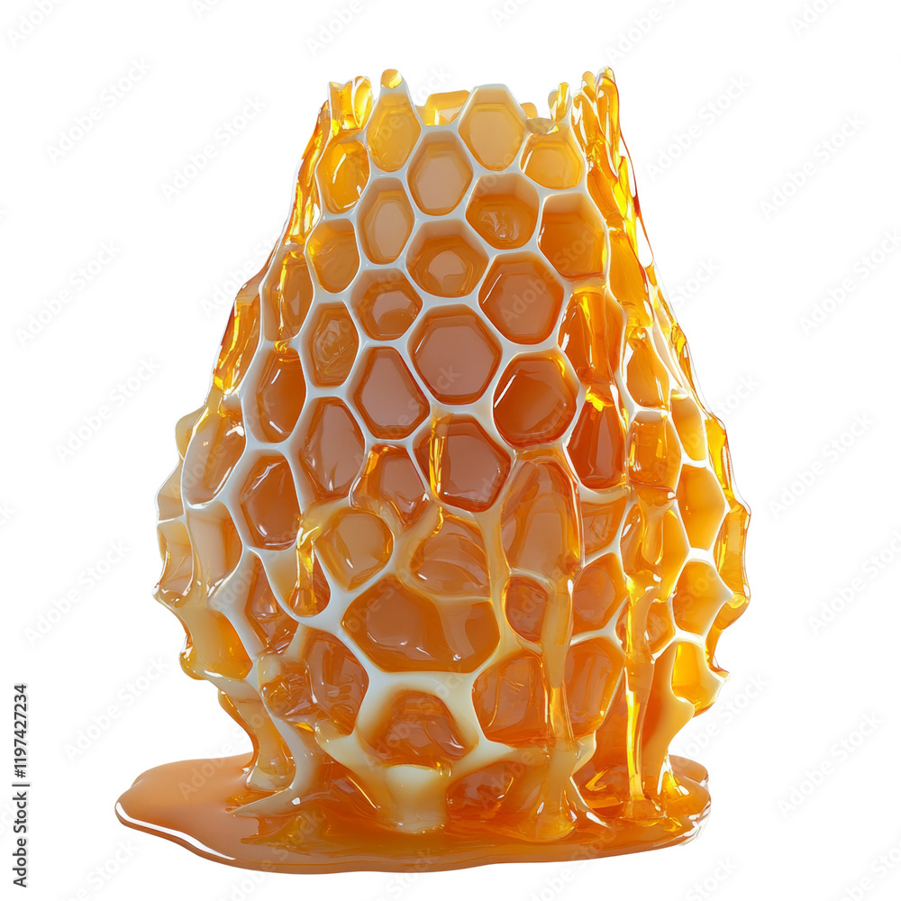 Poster a visually striking image of a honeycomb overflowing with golden honey against a black background.