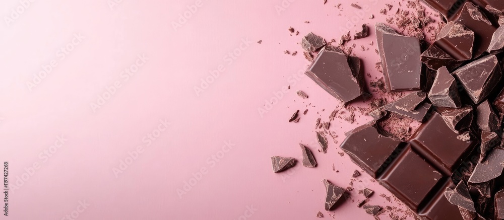 Poster dark chocolate pieces scattered on a light pink background with ample copy space for text placement.