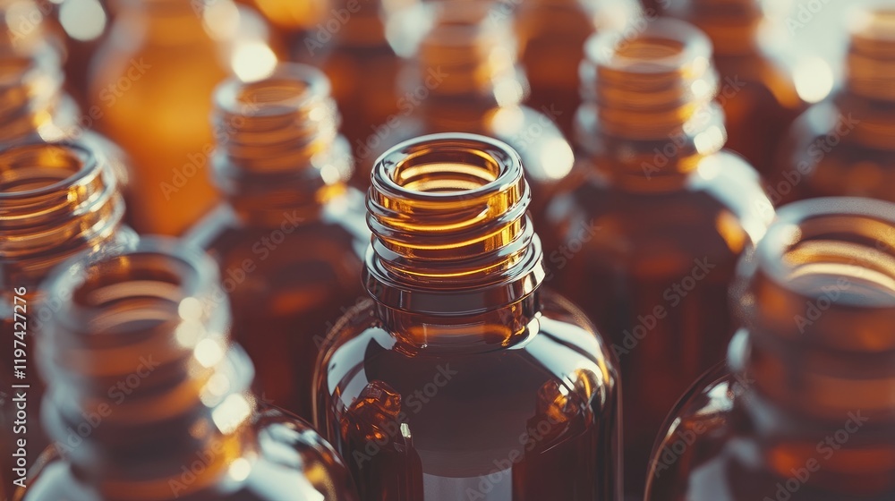 Poster close-up of assorted amber bottles filled with essential oils in a wellness spa setting backlit by s