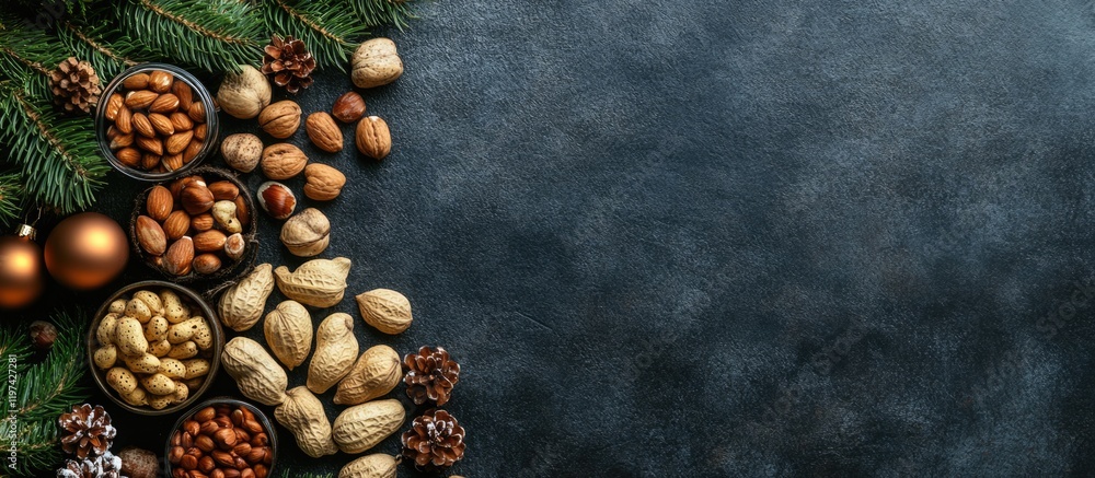 Poster christmas themed background with assorted nuts and pine cones on a dark stone surface featuring ampl