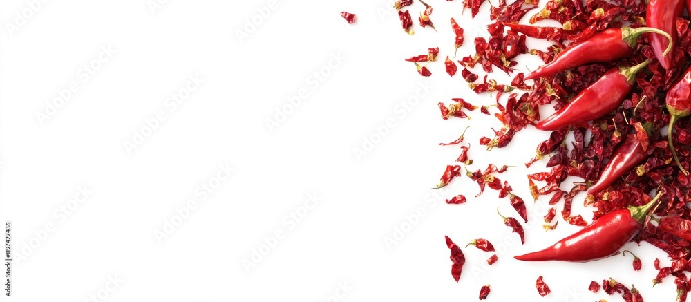 Poster red chili peppers and crushed chili flakes on white background with copy space for text or design el
