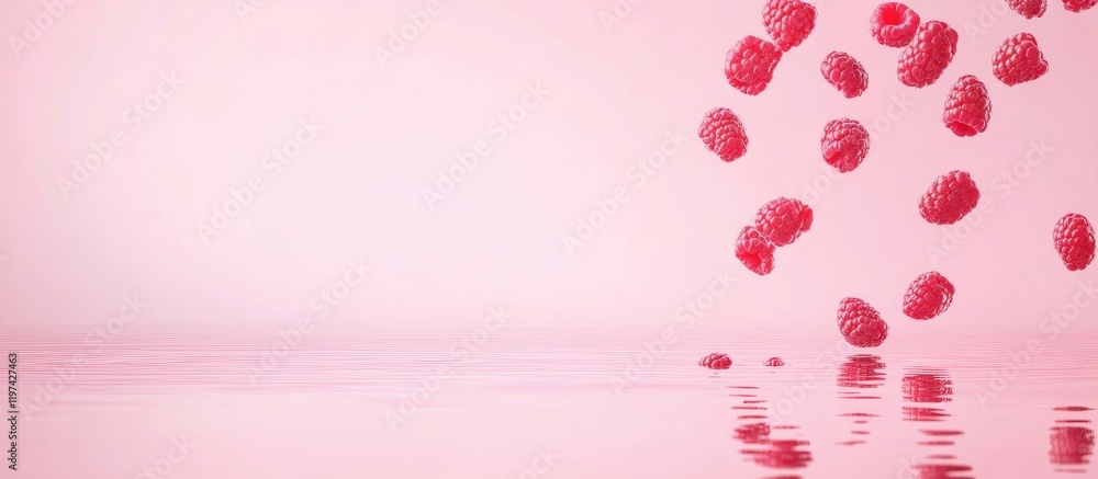 Poster falling raspberries creating ripples on pink reflective surface with copy space for text