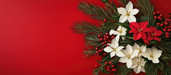 Holiday floral arrangement with white and red flowers on red background, Copy Space for text.