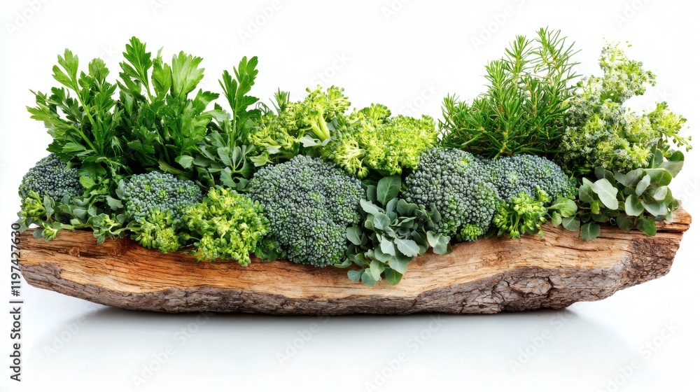 Poster isolated on white background a selection of broccoli heads in a rustic wooden bowl stock photo with 