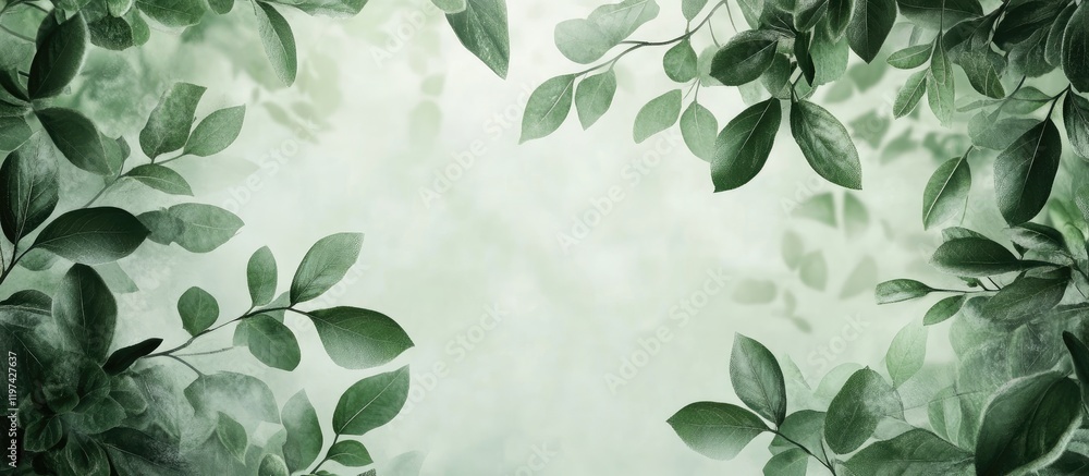 Poster green leaves frame with soft blurred background and ample copy space for text placement. ideal for n