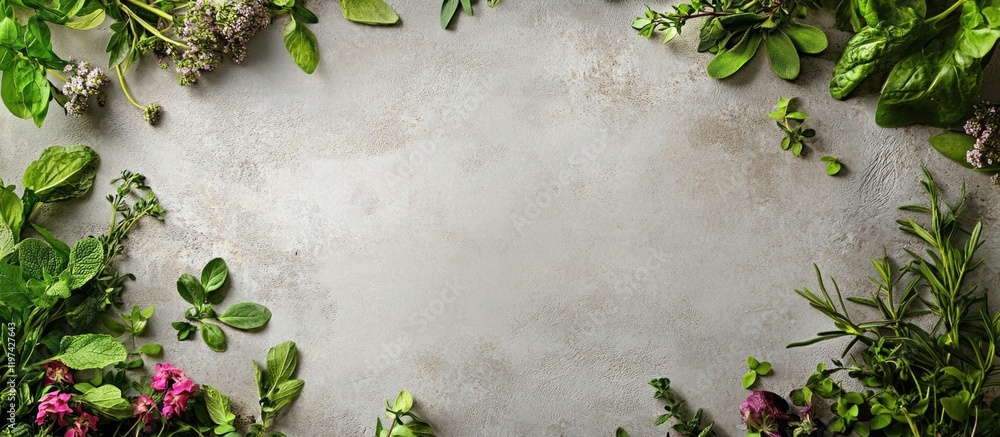 Poster Fresh herbs and greens arranged on a textured gray background with copy space for text or design elements