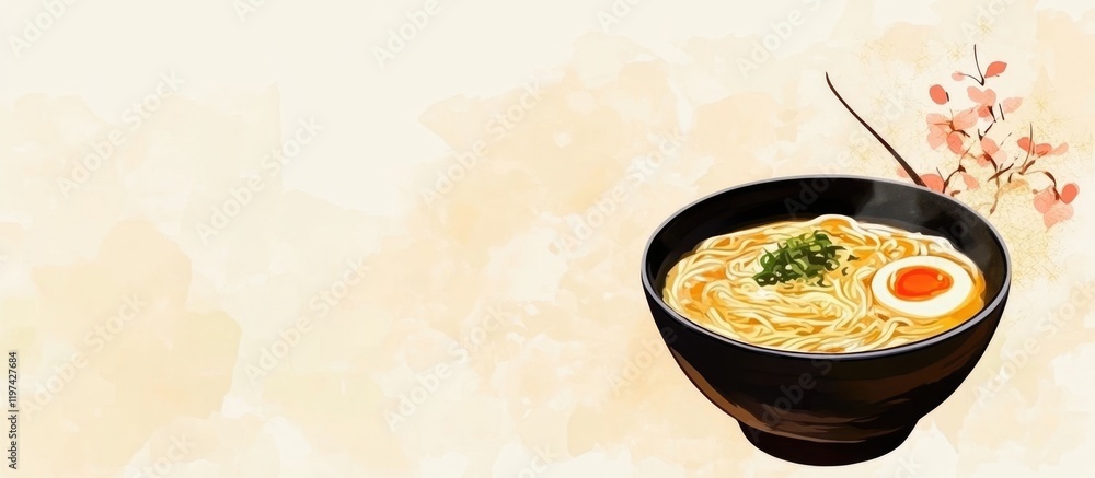 Poster bowls of ramen noodles with soft-boiled egg and greens on textured background with copy space for te