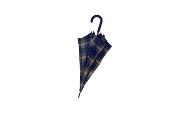 A folded umbrella with a vibrant plaid pattern isolated against white background