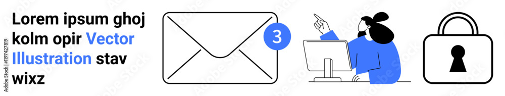 Poster envelope with notification, person receiving email on computer, and secure lock icon. ideal for comm